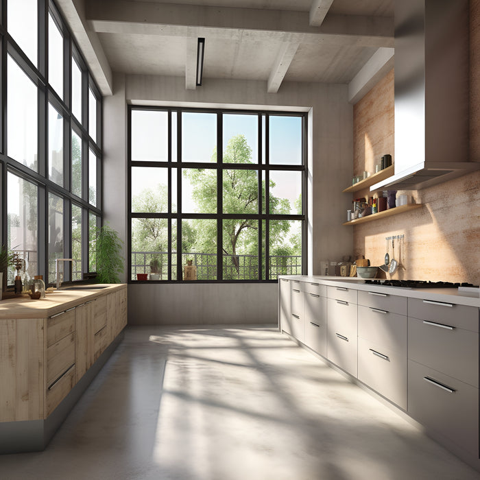 A kitchen with two big windows that show a beautiful view of trees. A lot of natural light from the window is shining into the room, creating shadowed patterns on a white concrete floor