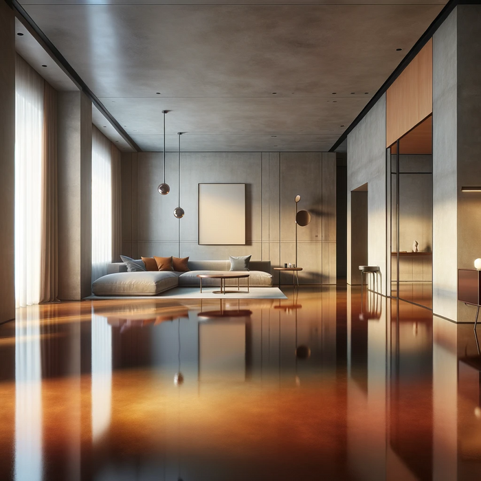 A shiny, polished concrete floor that has been stained a burgundy-brown. The concrete floor is located inside of a home, in a living room.